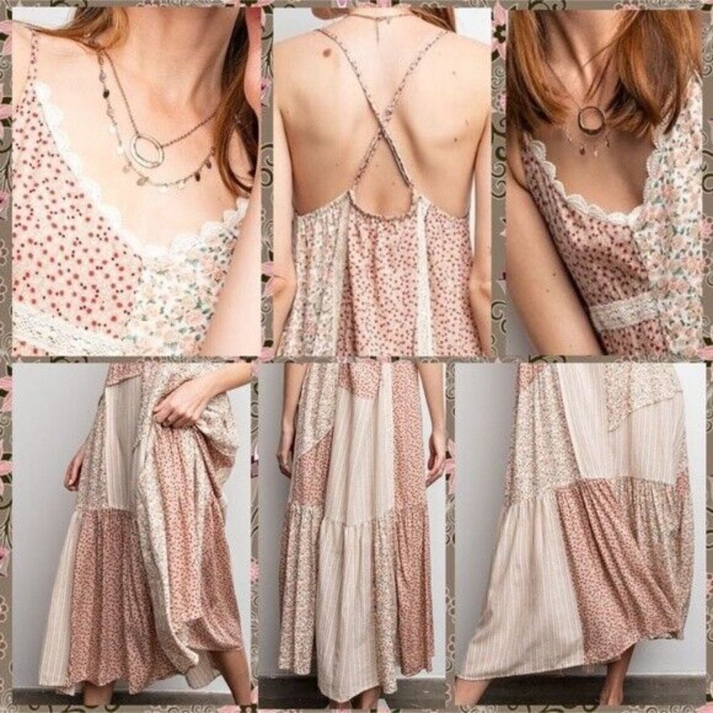 EASEL Mixed Print Adjustable Cross Straps Maxi Dress Lace Edges Relaxed & Flowy - Picture 11 of 15